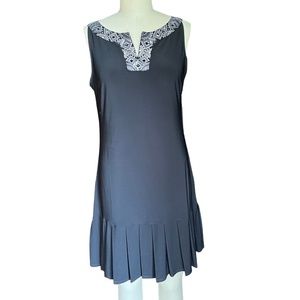 Modern Medieval Black Cocktail Dress Embroidered Neck Pleated Hem Relaxed Fit